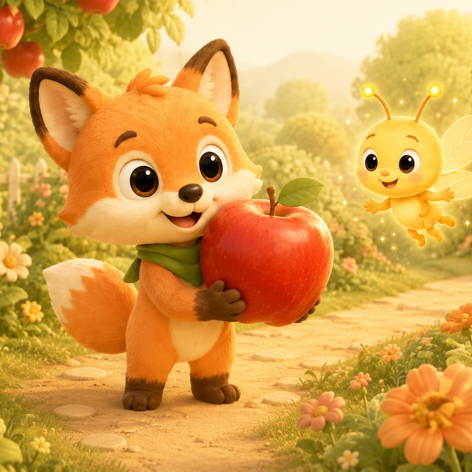 Milo le petit renard tenant une pomme, avec Luma la petite lumière volant à ses côtés dans un jardin fleuri